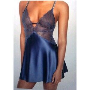 Victoria's Secret Slip Dress Size Small Blue Satin Lace Bling Straps Nightie